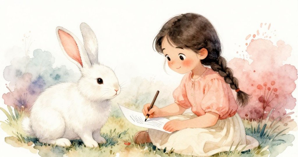 米拉輕輕勾勒出兔子的長耳，筆記本安放膝上隨風翻頁，兔子旁伴隨著友誼，結尾充滿溫馨與和諧。