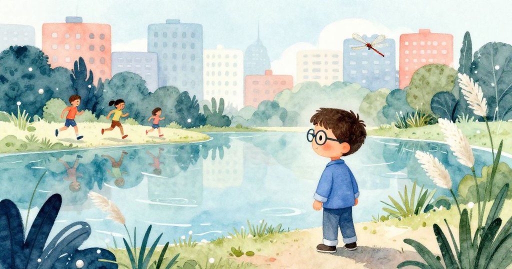 路易斯滿懷期待走向晨光閃爍的池塘,跑者與蜻蜓伴隨,展現初步冒險與自然交融的情景。