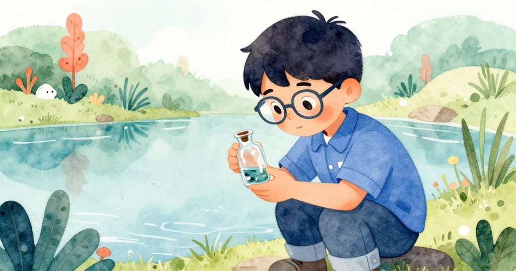 路易斯專注檢查閃亮玻璃瓶,準備採集清水,背景池塘水光隱約映出自然與細膩情感。