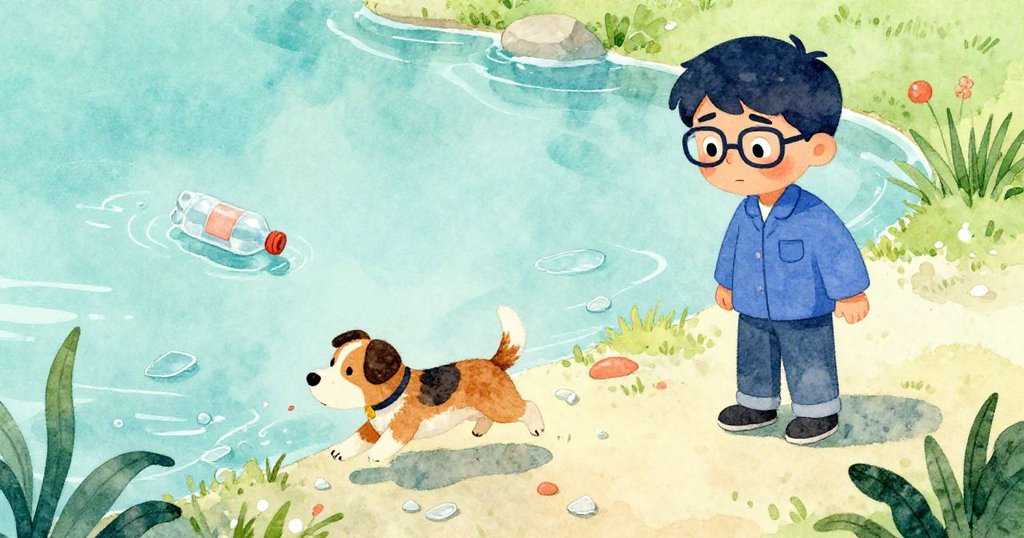 從高處俯瞰,玻璃碎片、塑料瓶與好奇小狗交錯出動,Luis在旁關切,情節逐步升溫。