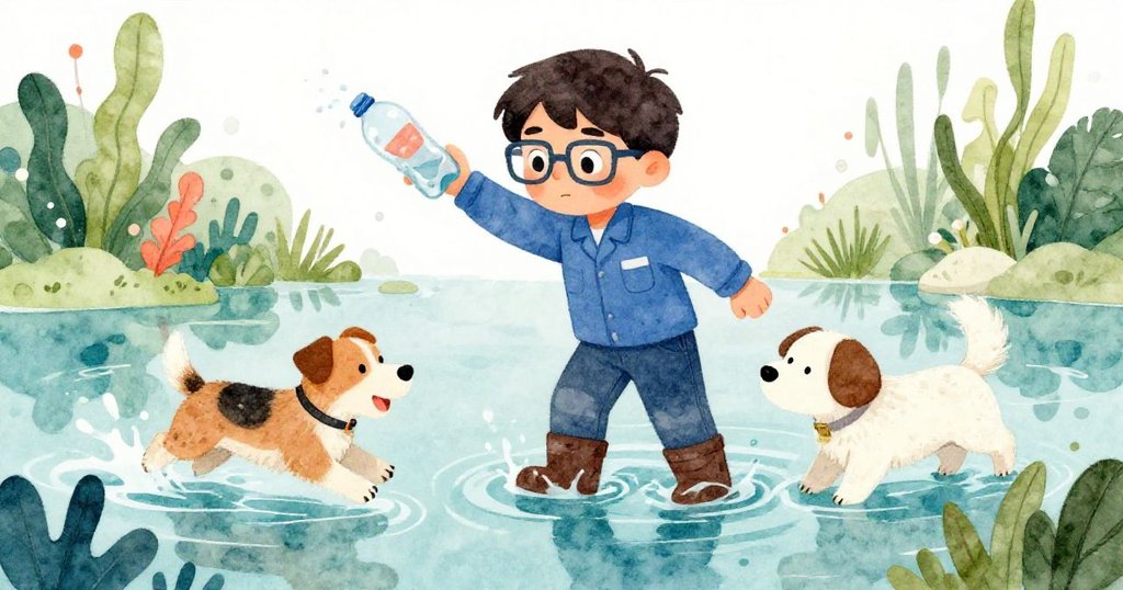 Luis堅毅涉水取漂浮塑料瓶,泥濘飛濺,小狗歡躍追隨,展現突破意外的奮鬥過程。