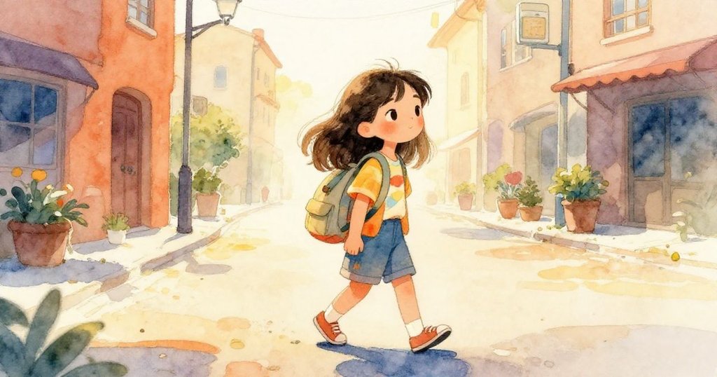 Lila輕盈走過陽光普照的街道,背著小包充滿期待,步入初始冒險旅程,神情平靜而充滿希望。