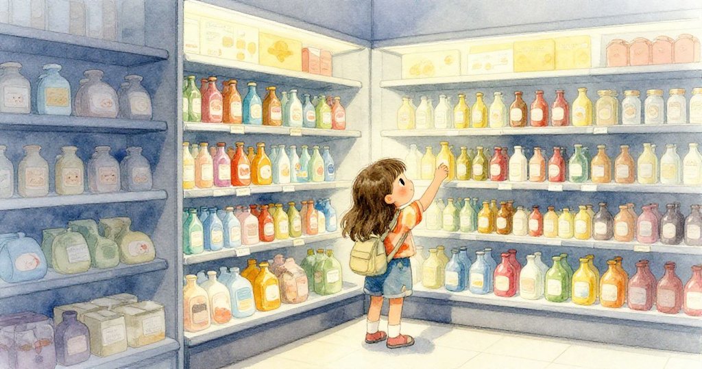 Lila在角落店內伸手摸瓶子,眼神專注而驚喜,溫暖光線中透露著對未知冒險的期待。