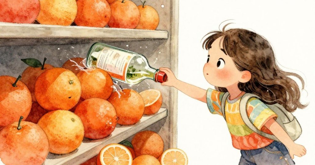 Lila輕觸瓶子使之微滑,瓶子碰撞橙子堆,瞬間展現出意外的動感與驚喜,氣氛活力四射。