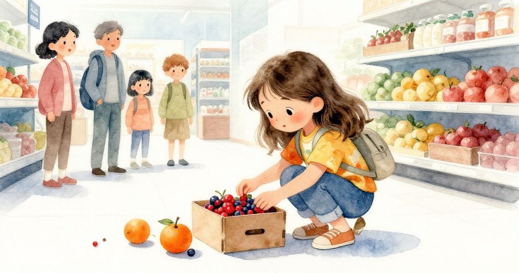 Lila蹲下快速收集散落的橙子與莓果,眾顧客靜靜觀望,場景充滿溫暖、細膩與互助情誼。