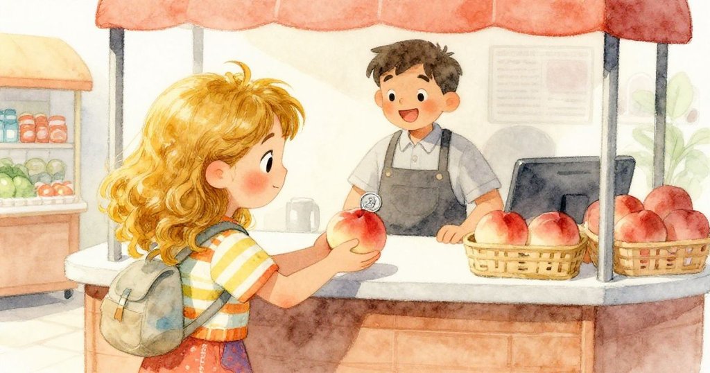 Lila在櫃台接過成熟桃子,櫃員滿臉微笑回應,溫馨交接中展現出冒險終點的感激與圓滿。