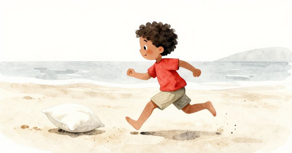 本急速追著滾動的枕頭,沙灘上留下清晰足跡,展現活力與冒險精神。