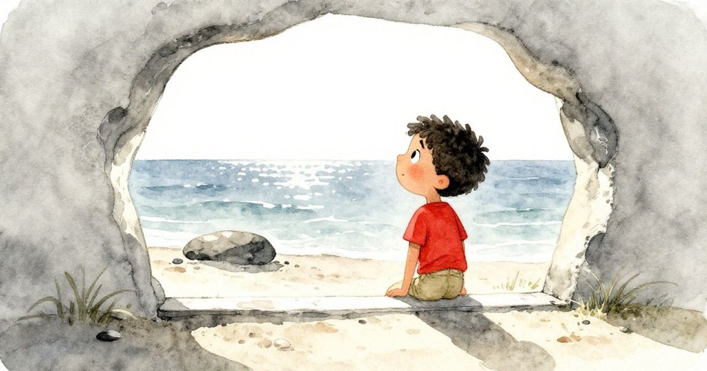 本凝視廣闊海洋,透過沙丘間的天然窗框注視遠處安全岩石,表情專注而堅定。