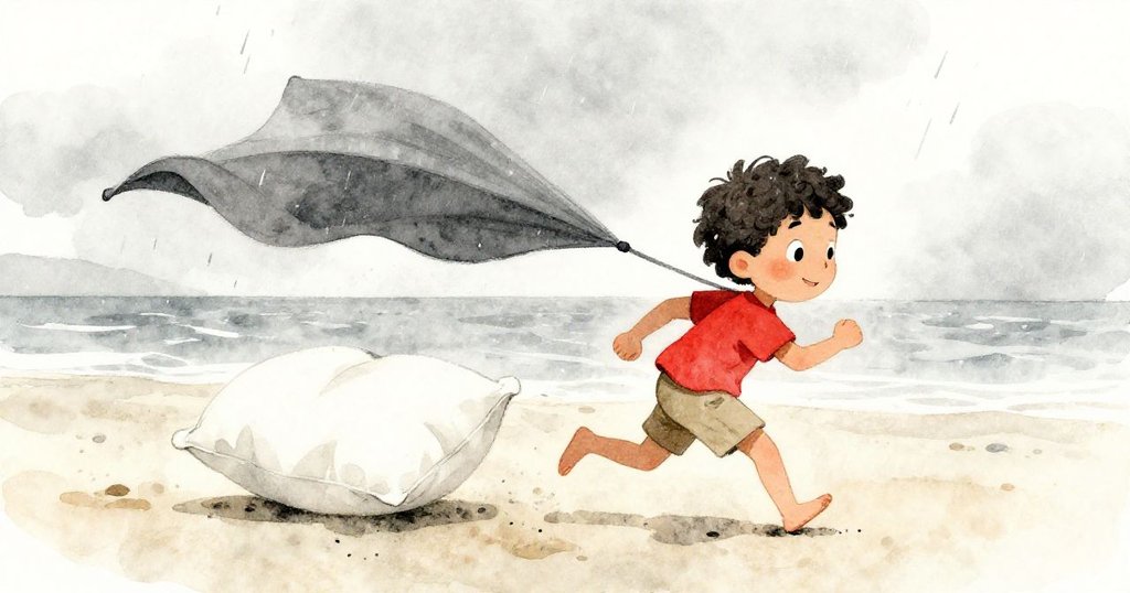 本在微雨中急追被風吹翻的枕頭,臉上展現決心,沙灘上風起雲湧營造緊張氣氛。