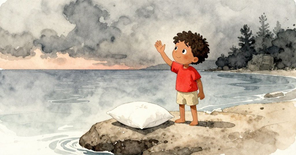 本輕放濕枕於岩石上,向平靜海洋揮手告別,夕陽餘暉中流露出依依惜別與寧靜安詳。