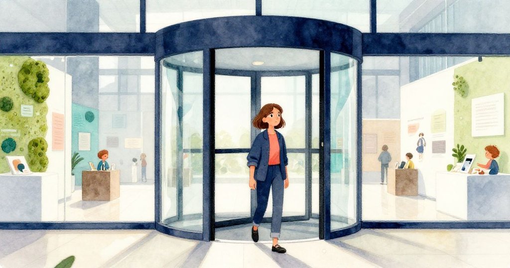 Nora 穿過旋轉門進入展覽大廳,手持金屬案例,背景有青苔與人群,展現期待與探索心情。