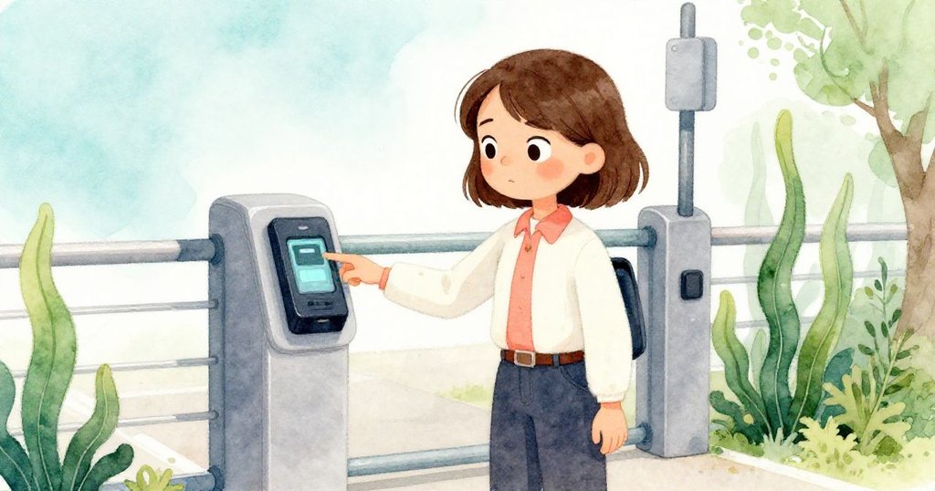 Nora 在科技感門禁前按下徽章,面露焦慮情緒,背景空曠現代風格,呈現挑戰與緊張氛圍。