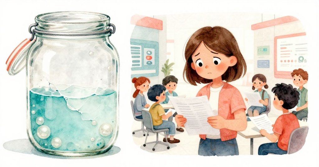 Nora 在展位桌旁檢查破損的玻璃瓶,附近學生記錄數據,鏡頭分離展示瓶身細節與她的憂心表情。