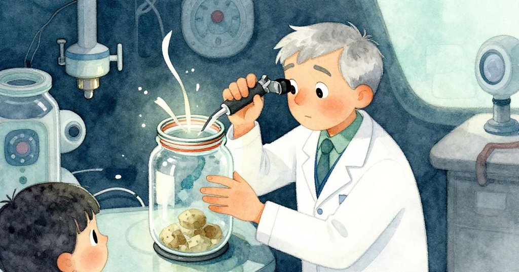 技術員站在高角度檢查玻璃瓶破損封口,使用光譜儀掃描,背景有太陽能磚和現代科技裝置,氣氛專注。