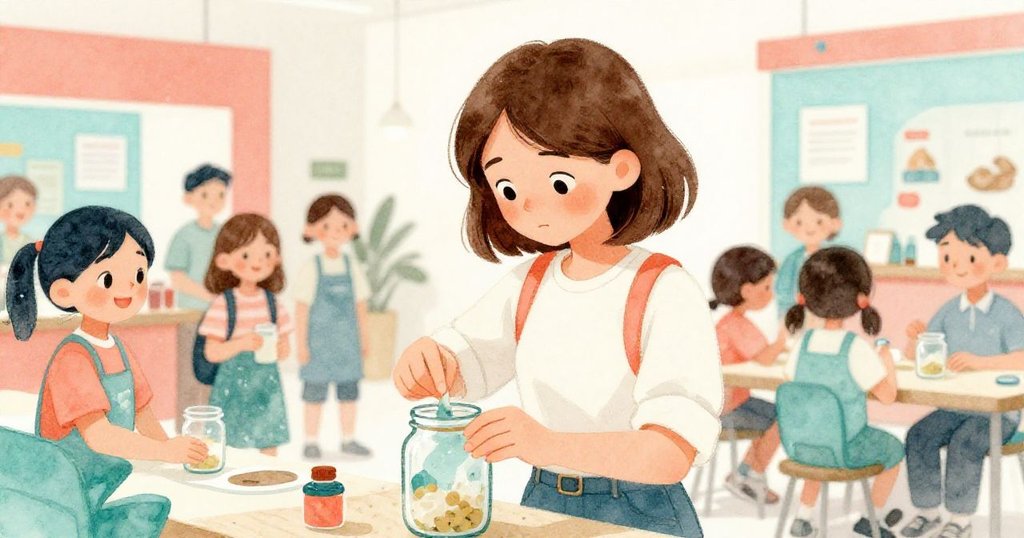 Nora 小心使用生物可降解薄膜修補玻璃瓶,周圍學生與義工露出欣慰笑容,展現解決障礙後的慶祝氣氛。