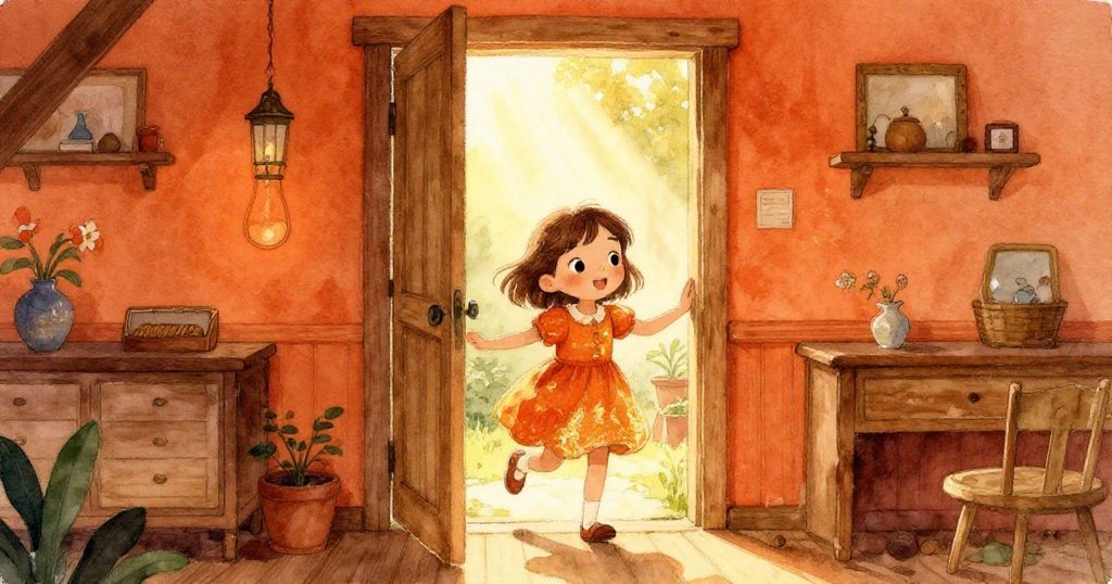 米婭走進叔叔別墅，穿過明亮木門，展現期待與喜悅，室內溫馨充滿暖色光影