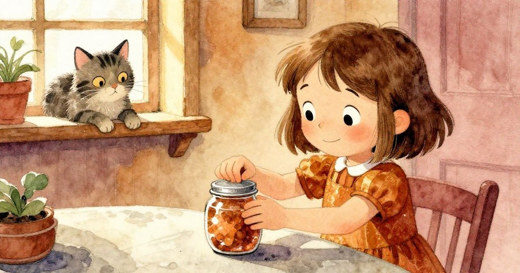 米婭在石櫃台前試圖轉動金屬蓋的罐子，旁邊老貓好奇注視，專注探索廚房溫暖光影