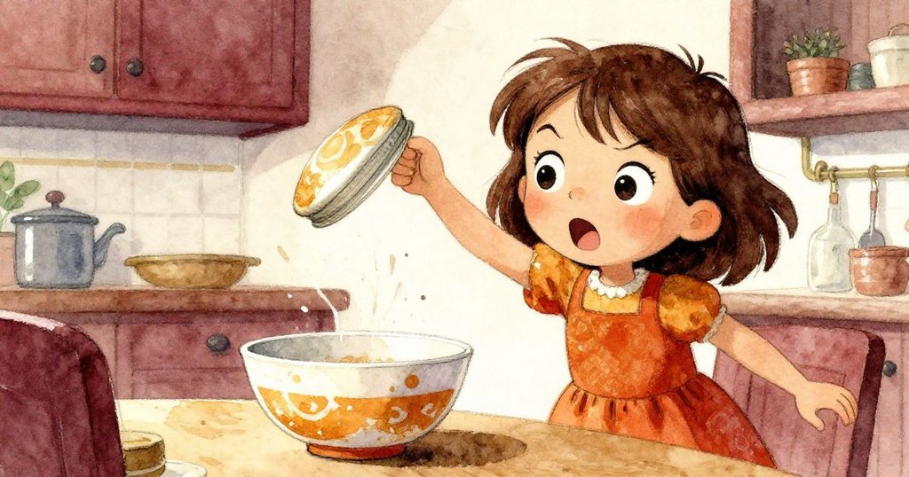 米婭驚訝堅定伸手追接滑向彩繪碗的罐子蓋，低角度強調動態與室內細節