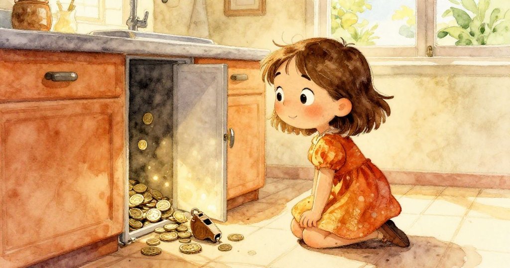 米婭好奇跪下觀察窄板後露出古幣與木哨，窗外花園光影映襯室內溫暖氛圍