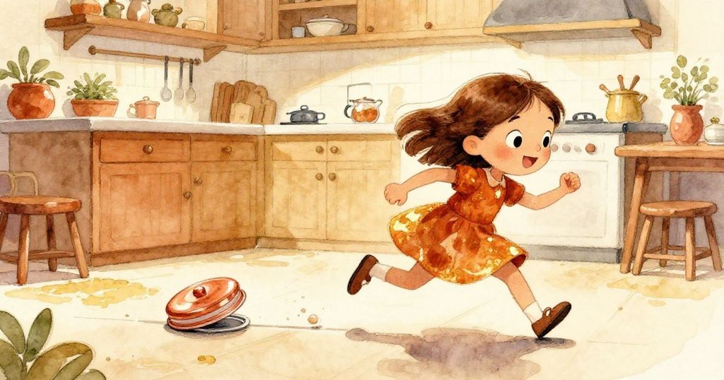 米婭急速追趕沿縫隙滑動的罐子蓋，展現緊張俏皮的決心與動感，廚房光影溫暖