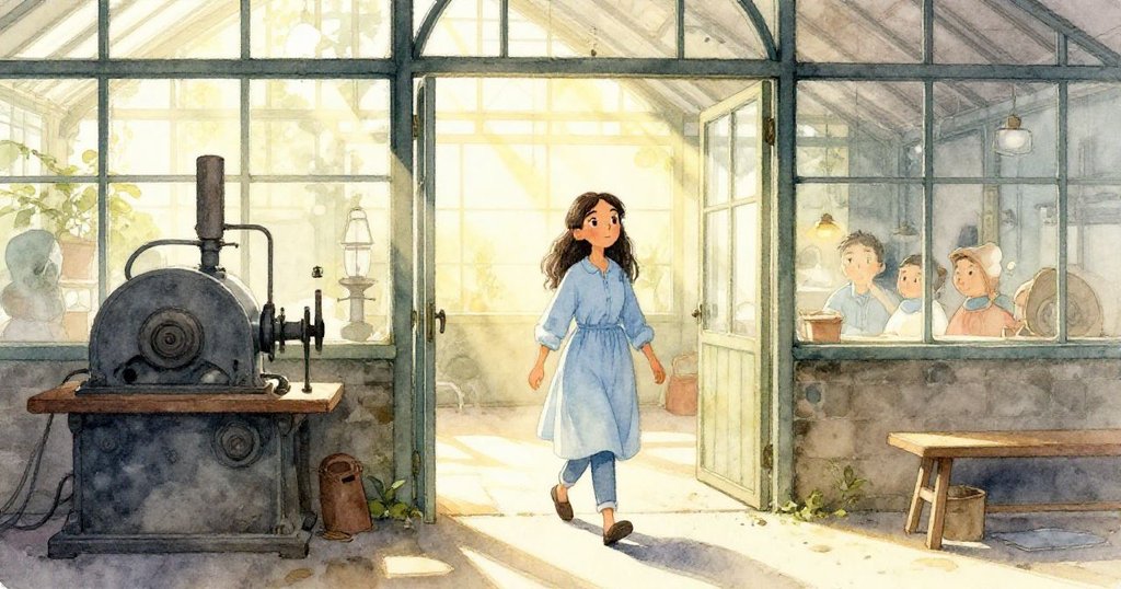 米拉手持素描本走進復古玻璃工廠，光線斜射，背景展現工業機器與裂縫的屋頂，充滿期待與創作動力。