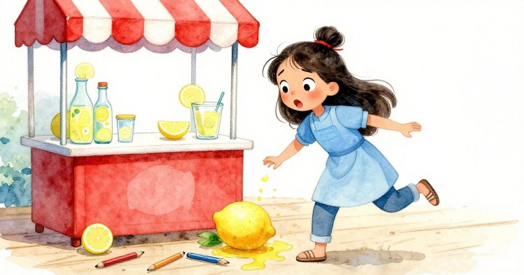 米拉在檸檬汁攤位旁不慎滑倒，手忙腳亂地撿起散落的鉛筆，背景顯示工業風與忙碌的參觀人群，面帶驚喜表情。