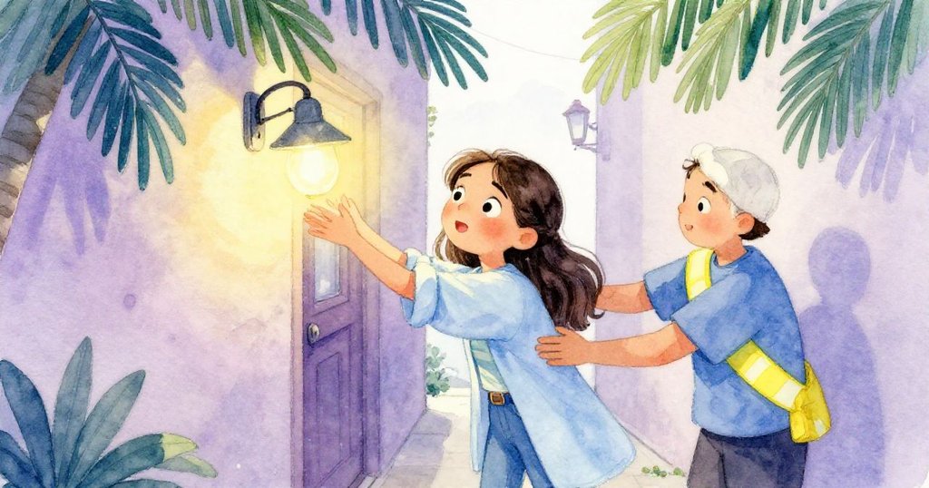 米拉在志工的指引下於狹窄走廊內動作迅速，自信地解開掛燈，旁邊熱帶植物與磚牆營造神秘柔和氛圍。