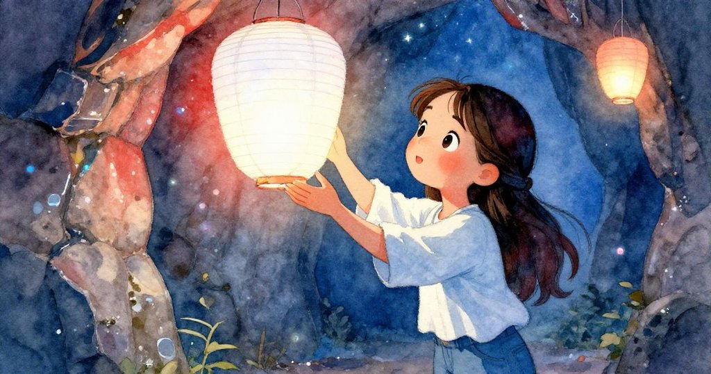 米拉在石洞內輕抬紙燈籠，隨著氣泡爆裂燈籠輕輕搖曳，散發七彩光芒照亮濕潤石牆，她目光充滿奇幻喜悅。