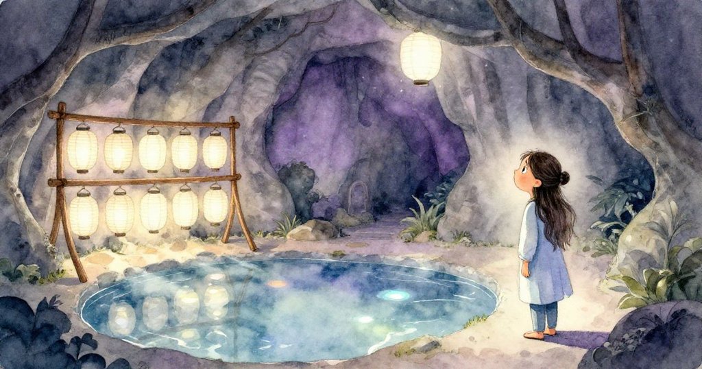 米拉在迷人洞窟中靜立觀察，木架上掛滿紙燈籠與倒映池水交相輝映，整體場景展現寧靜解決與奇幻餘韻。