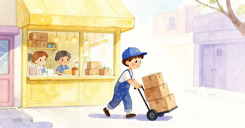 利奧在清晨陽光下推著裝有紙箱的手推車，背景是城市麵包店，意志堅定，散發溫暖希望。