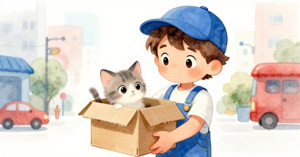 利奧仔細打開紙箱，發現一隻小貓探出頭來，充滿好奇與俏皮，背景安靜都市街道。