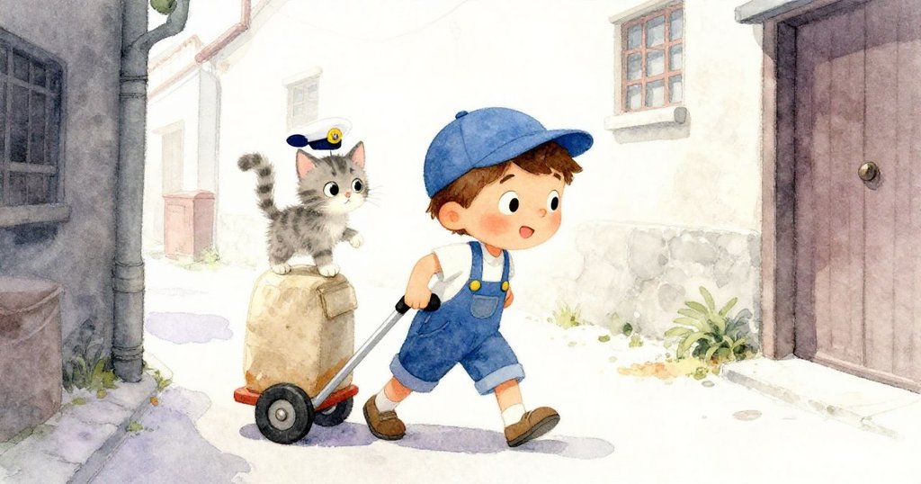 利奧推著手推車穿過偏僻小巷，紙箱邊上小貓如船長般站立，畫面角度俏皮，展現冒險樂趣。