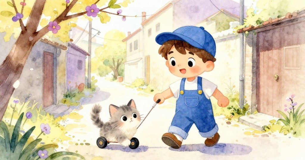 利奧在春季小巷中推著手推車，周圍新芽花朵點綴，小貓頑皮探出，城市景觀溫馨生動。