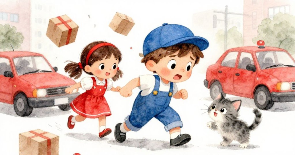 利奧在繁忙交通中推著震動的手推車，焦急抱持紙箱，小貓調皮反應，表情充滿緊張與無奈。