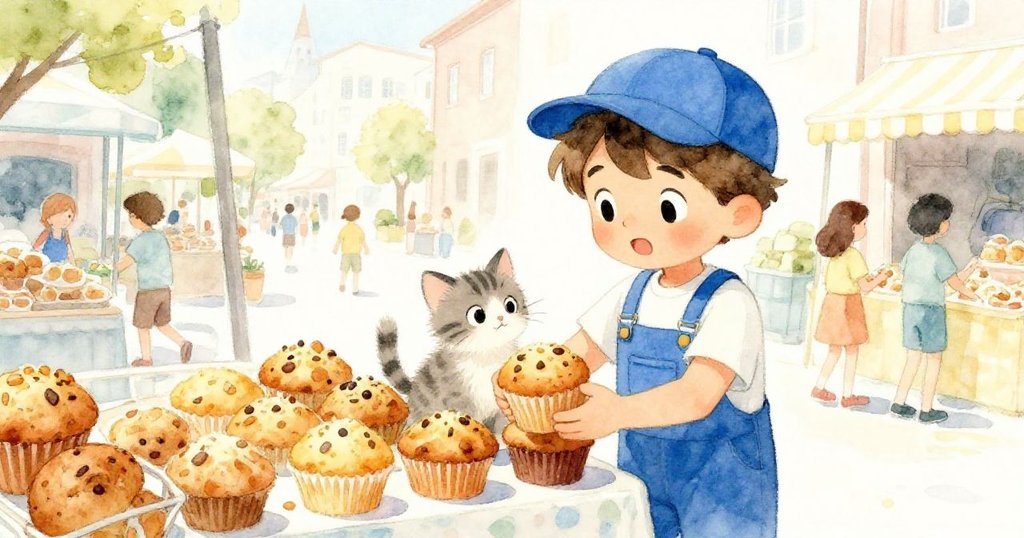 利奧站在熱鬧市集攤位前結束任務，紙箱完好無缺，小貓在糕點間嬉戲，眾人喜悅，氛圍溫馨。