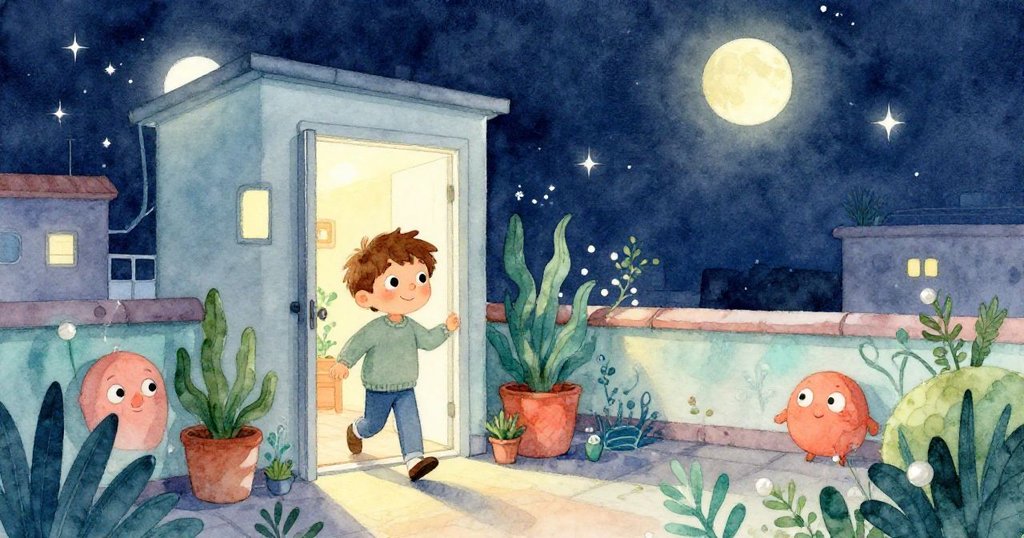 米洛在月光照耀的入口處步入屋頂花園，臉上充滿期待，背景顯示星空和城市剪影，氛圍溫暖宜人。