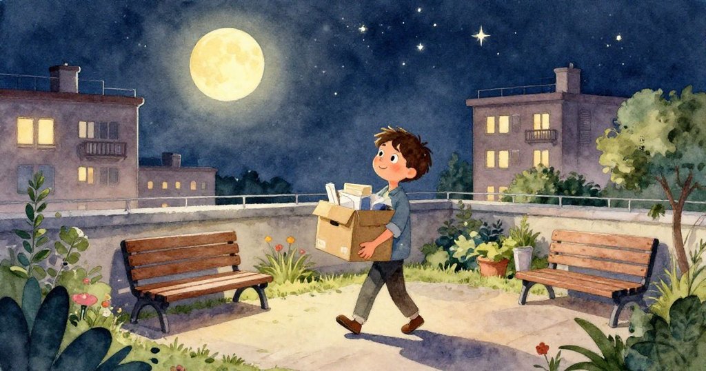 米洛專注地用雙手打開裝滿紙飛機的紙盒，細看紙飛機精美設計，背景柔和月光映襯下展現溫馨童趣。