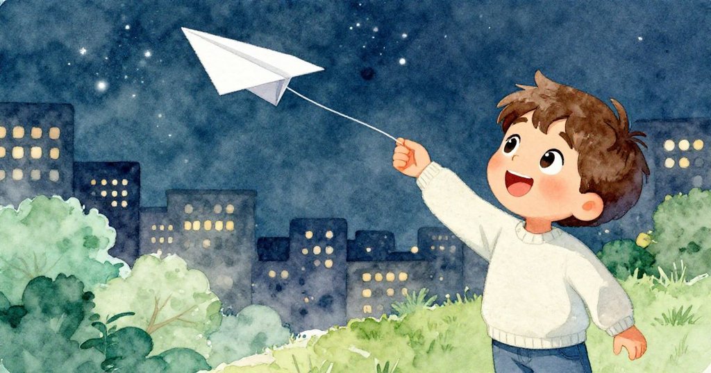 從背後看米洛正愉快地丟出紙飛機，飛向燦爛的城市燈光，臉上展現出充滿驚奇與歡樂的神情。
