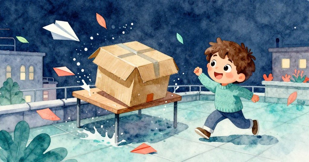 強風突然來襲讓紙飛機四散，紙盒滑落水花飛濺，米洛驚訝地注視著動感十足的屋頂場景，充滿活力與童趣。