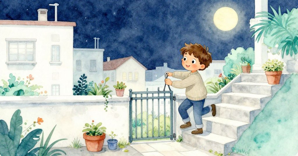 米洛鎖上屋頂花園的門後踏上回家的樓梯，臉上流露平靜滿足，月光柔和映照出溫馨圓滿的夜晚結局。