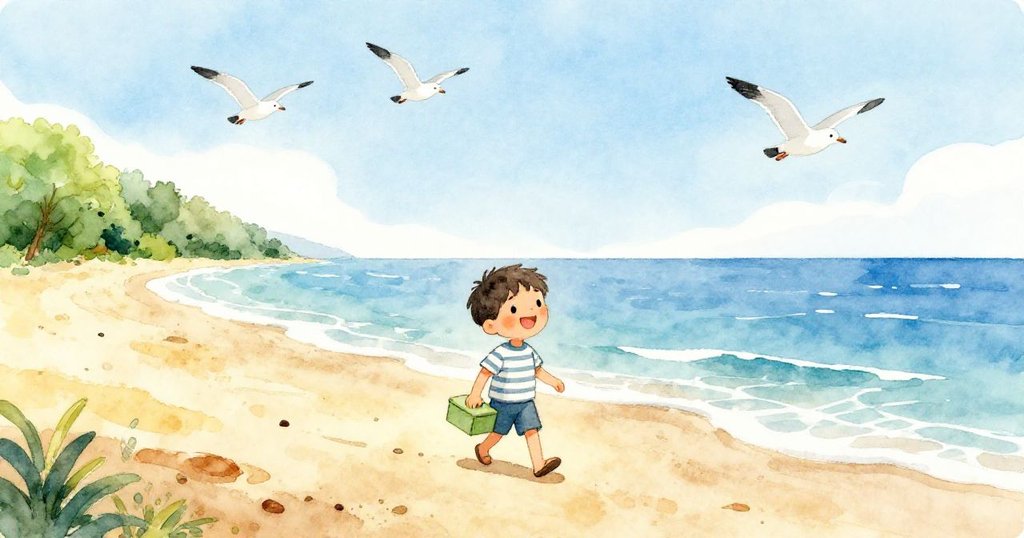 Leo在海邊散步，手持綠箱，周圍海鷗飛舞、浪花輕拍沙灘，晨光照耀下他充滿好奇心。
