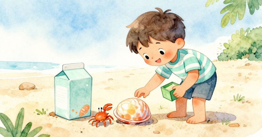 Leo彎腰探索閃亮蛋殼，旁有輕盈紙箱，小螃蟹悄然接近，海灘環境中透露神秘與驚奇。