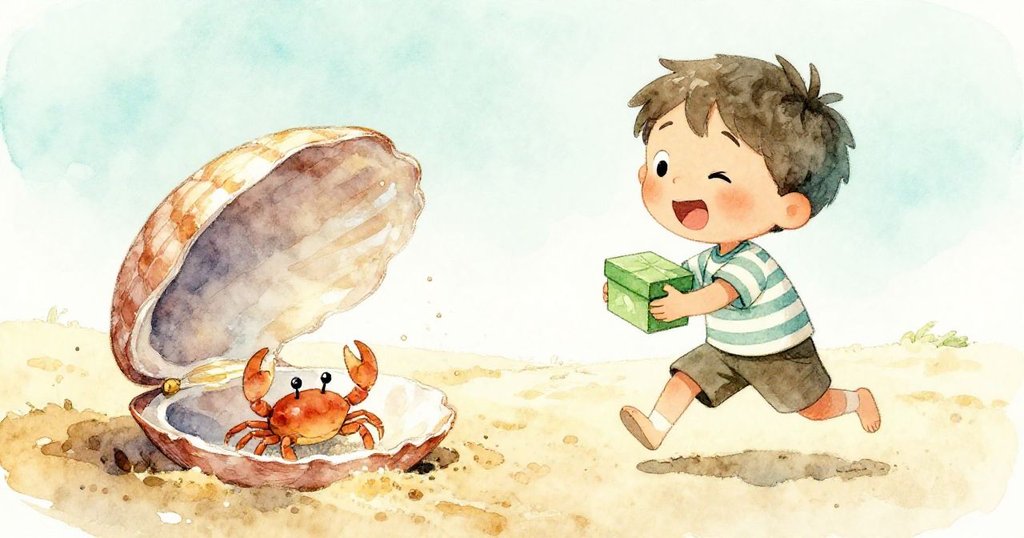 從低角度觀察，Leo驚訝退後眨眼，小螃蟹從沙中探出頭看移動的蛋殼，海灘溫暖光影環繞。