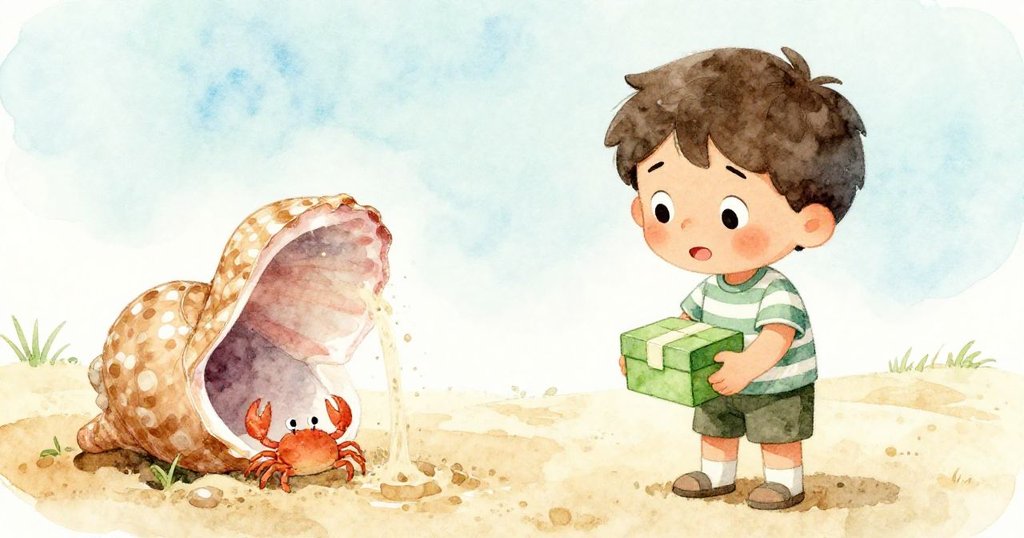 Leo猶豫退後眨眼，沙粒輕散，蛋殼隱秘，小螃蟹快躲進紙箱，他的表情中既緊張又堅定。