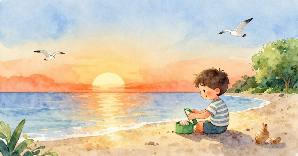 Leo輕閉綠箱，海邊波浪平靜，小螃蟹隱現，整個場景與大自然和解，夕陽與晨光交融充滿溫暖。