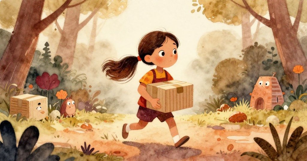 萊拉在柔和晨霧中踏出後院，平衡紙箱，眼中流露期待，故事開端溫馨，背景充滿隱約光暈。