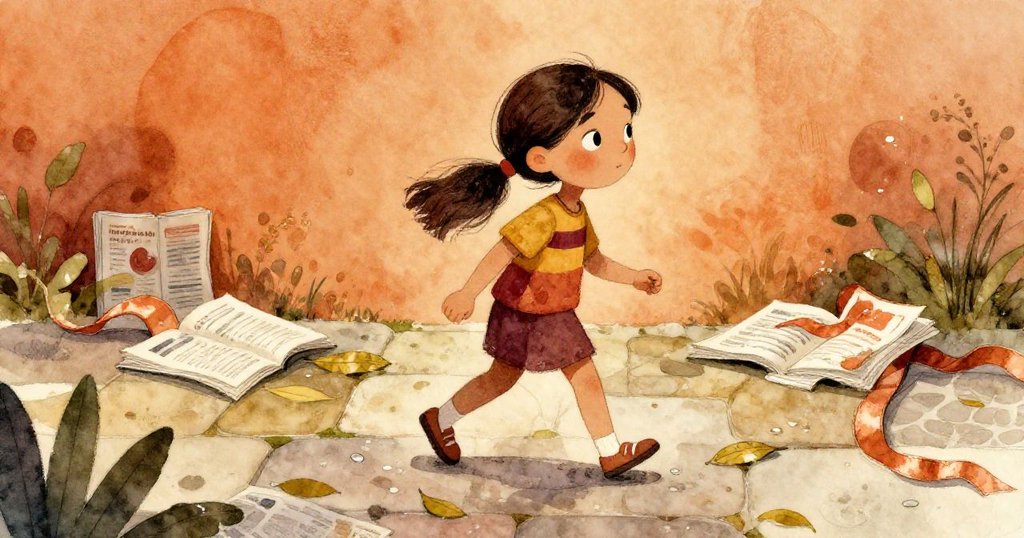 萊拉走在滴露石板上，小心踩過濕潤葉片，腳步中透露著藝術展準備的細膩發展。