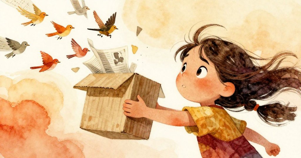 低角度呈現萊拉迎風而立，長髮飛揚，紙箱傾斜散出彩色刊物，情節進入激動時刻。