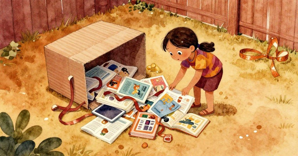 從高處俯瞰後院，散落物品與倒置箱子交織，萊拉靈巧俯身拾取寶物，情節邁向發展高潮。