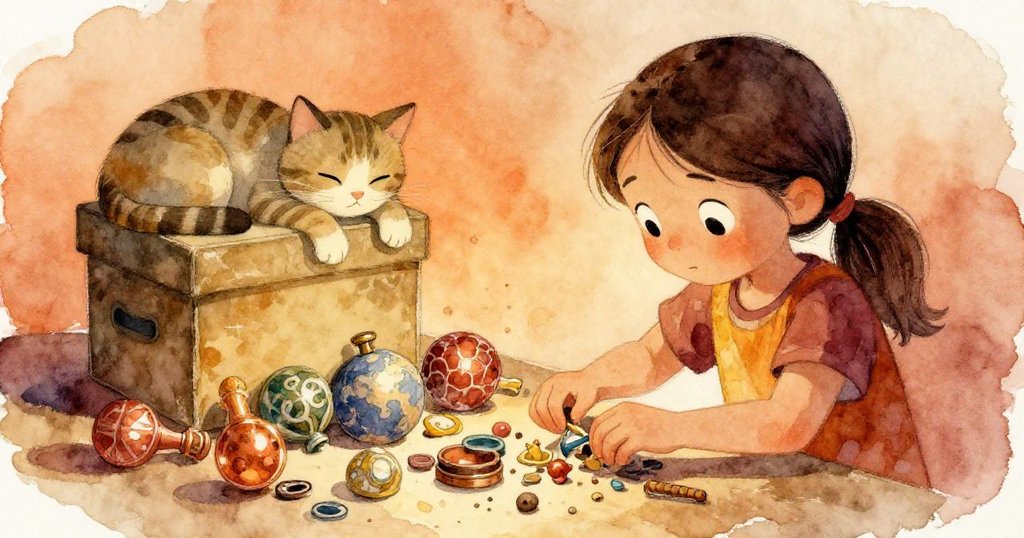 夜色降臨後，貓咪靜臥倒置箱上，萊拉溫柔拾起散落寶物，露出平靜笑意，故事歸於柔和結局。